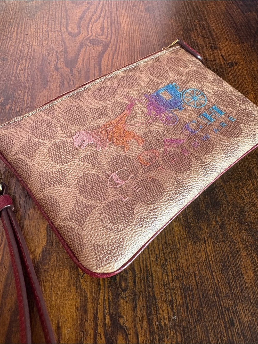 Coach Beige Signature Canvas Wristlet with Maroon Strap and Multicolor Carriage - Picture 4 of 6